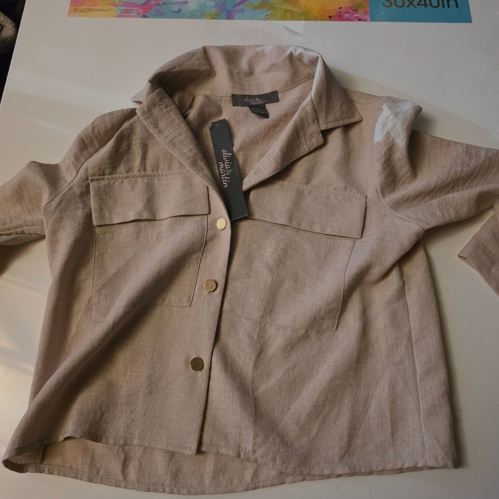 Olivia & Martin Tan Textured Button Down Utility Shirt Gold Buttons Small NWT